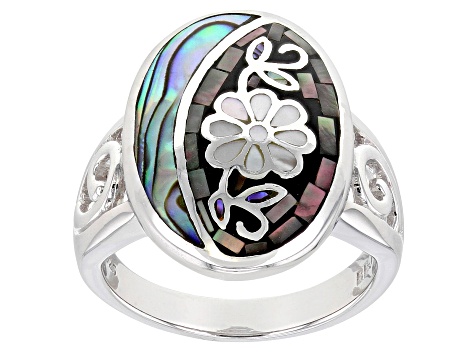Gray & White Mother of Pearl and Multi Color Abalone Shell Sterling Silver Mosaic Ring