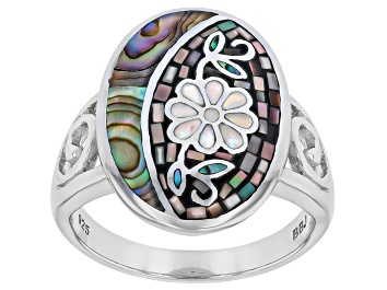 Picture of Gray & White Mother of Pearl and Multi Color Abalone Shell Sterling Silver Mosaic Ring