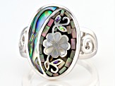 Gray & White Mother of Pearl and Multi Color Abalone Shell Sterling Silver Mosaic Ring