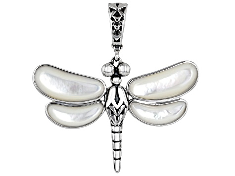 Fancy Mother-of-Pearl Rhodium Over Sterling Silver Dragonfly Enhancer