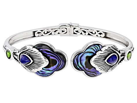 Multicolor Abalone Shell Sterling Silver Feather Cuff Bracelet