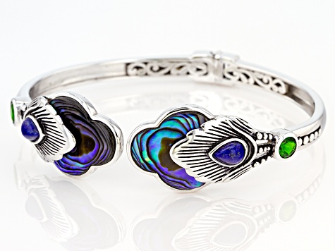 Multicolor Abalone Shell Sterling Silver Feather Cuff Bracelet