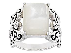 White Mother-of-Pearl Rhodium Over Silver Dragonfly Ring 14x10mm