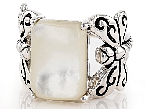 White Mother-of-Pearl Rhodium Over Silver Dragonfly Ring