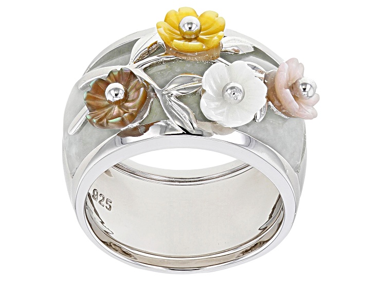 Jadeite with Multi-Color Mother-Of-Pearl Interchangeable Sterling Silver Floral Ring