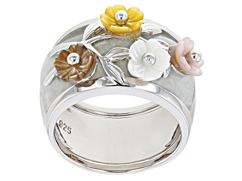 Jadeite with Multi-Color Mother-Of-Pearl Interchangeable Sterling Silver Floral Ring