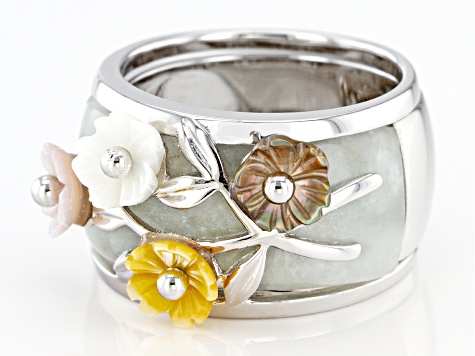 Jadeite with Multi-Color Mother-Of-Pearl Interchangeable Sterling Silver Floral Ring