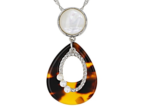 Imitation Tortoise Shell, Mother-of-Pearl, & Cultured Freshwater Pearl Silver Slide Pendant