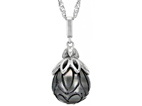 Black Cultured Tahitian Pearl Rhodium Over Sterling Silver Pendant Wtih 18" Chain