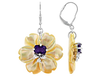 Picture of Golden Mother-of-Pearl, Amethyst & White Zircon Rhodium Over Silver Hibiscus Earrings 25mm, 1.94ctw