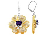 Golden Mother-of-Pearl, Amethyst & White Zircon Rhodium Over Sterling Silver Flower Earrings 1.94ctw