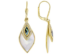 Mother-of-Pearl, Abalone Shell & White Zircon 18K Yellow Gold Over Sterling Silver Earrings 0.26ctw