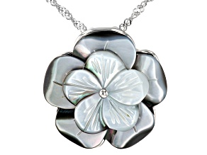 Mother-Of-Pearl Rhodium Over Sterling Silver Flower Pendant With 18" Chain, 25mm