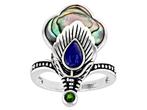 Abalone Shell, Lapis Lazuli, & Chrome Diopside Sterling Silver Peacock Feather Ring 0.07ct