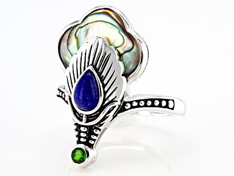 Abalone Shell, Lapis Lazuli, & Chrome Diopside Sterling Silver Peacock Feather Ring 0.07ct