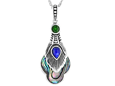 925 Sterling Silver Feathers Peacock Necklace with Genuine Abalone Accents 