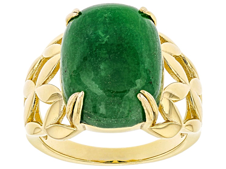 Green Jadeite 18K Yellow Gold Over Sterling Silver Open Side Detail Ring 16x12mm