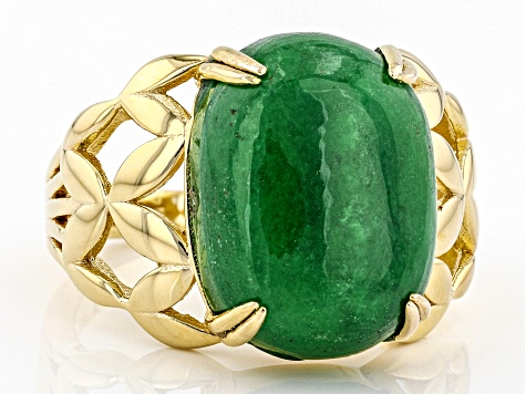 Green Jadeite 18K Yellow Gold Over Sterling Silver Open Side Detail Ring 16x12mm