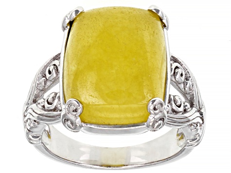 Yellow Jadeite Rhodium Over Sterling Silver Ring