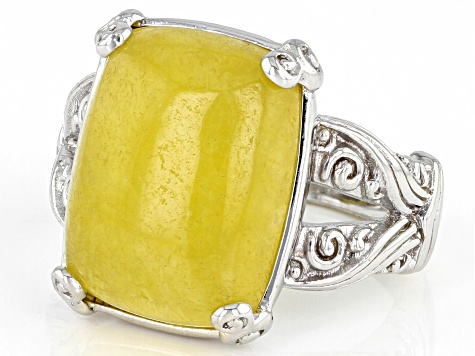 Yellow Jadeite Rhodium Over Sterling Silver Ring