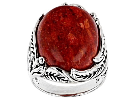 Red Coral Sterling Silver leaf Design Ring