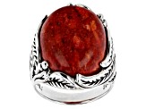 Red Coral Sterling Silver leaf Design Ring