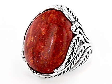 Red Coral Sterling Silver leaf Design Ring