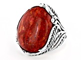 Red Coral Sterling Silver leaf Design Ring