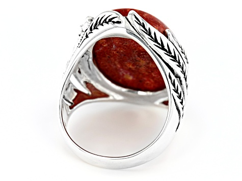 Red Coral Sterling Silver leaf Design Ring