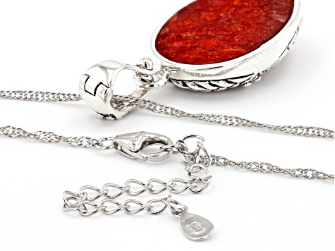 Red Coral Sterling Silver leaf Design Enhancer With 18" Chain