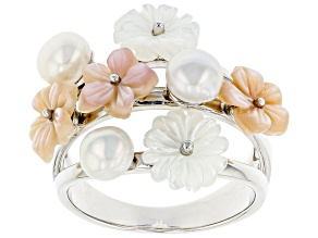 Pink & White Mother-Of-Pearl & Cultured Freshwater Pearl Rhodium Over Silver Ring