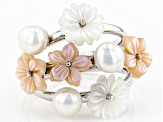 Pink & White Mother-Of-Pearl & Cultured Freshwater Pearl Rhodium Over Silver Ring