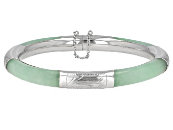 Picture of Green Jadeite Rhodium Over Sterling Silver Bangle Bracelet