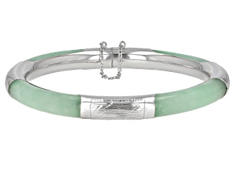 Green Jadeite Rhodium Over Sterling Silver Bangle Bracelet