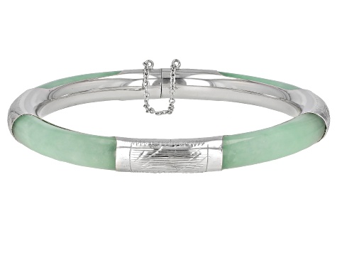 Green Jadeite Rhodium Over Sterling Silver Bangle Bracelet