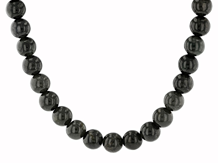 Gray Jadeite Rhodium Over Sterling Silver Beaded Necklace, 10mm