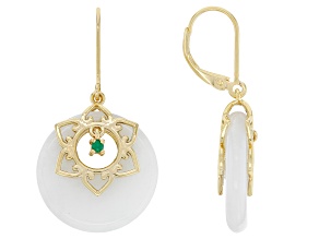 White Jadeite and Round Green Onyx 18k Yellow Gold Over Silver Earrings