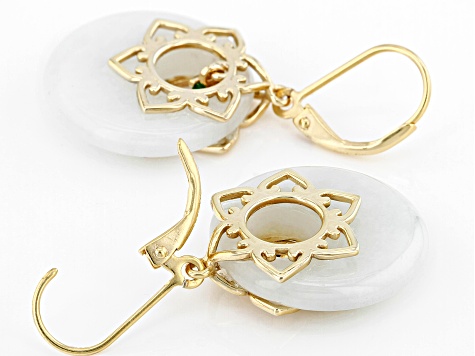 White Jadeite and Round Green Onyx 18k Yellow Gold Over Silver Earrings