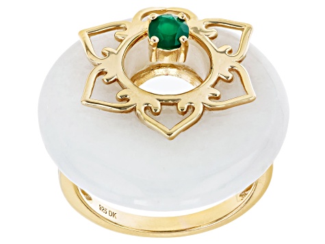 White Jadeite and Round Green Onyx 18k Yellow Gold Over Silver Ring