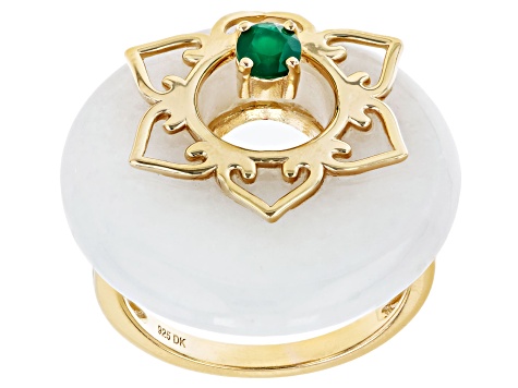 White Jadeite and Round Green Onyx 18k Yellow Gold Over Silver Ring