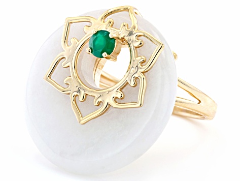 White Jadeite and Round Green Onyx 18k Yellow Gold Over Silver Ring