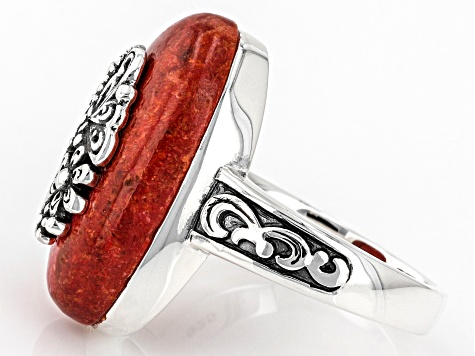 Red Coral Sterling Silver Dragonfly Floral Ring - PCF494 | JTV.com