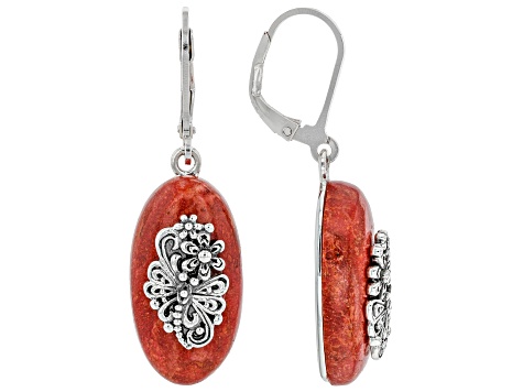 Red Coral Sterling Silver Dragonfly Floral Earrings