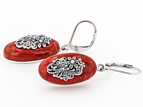 Red Coral Sterling Silver Dragonfly Floral Earrings