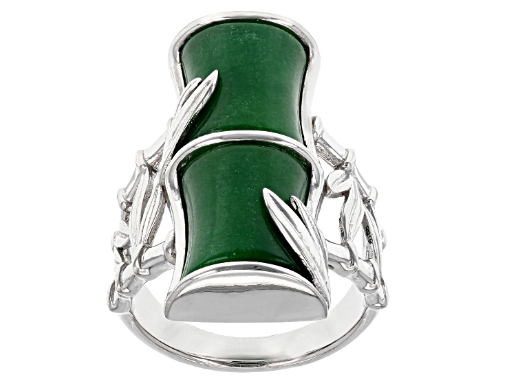 Green Jadeite Bamboo Inspired Rhodium Over Sterling Silver Ring 12x10mm