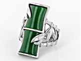Green Jadeite Bamboo Inspired Rhodium Over Sterling Silver Ring