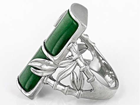 Green Jadeite Bamboo Inspired Rhodium Over Sterling Silver Ring