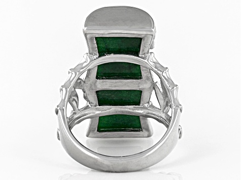 Green Jadeite Bamboo Inspired Rhodium Over Sterling Silver Ring 12x10mm
