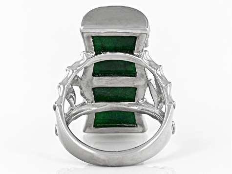 Green Jadeite Bamboo Inspired Rhodium Over Sterling Silver Ring