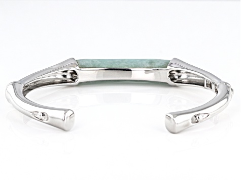 Green Jadeite Rhodium Over Sterling Silver Cuff Bracelet